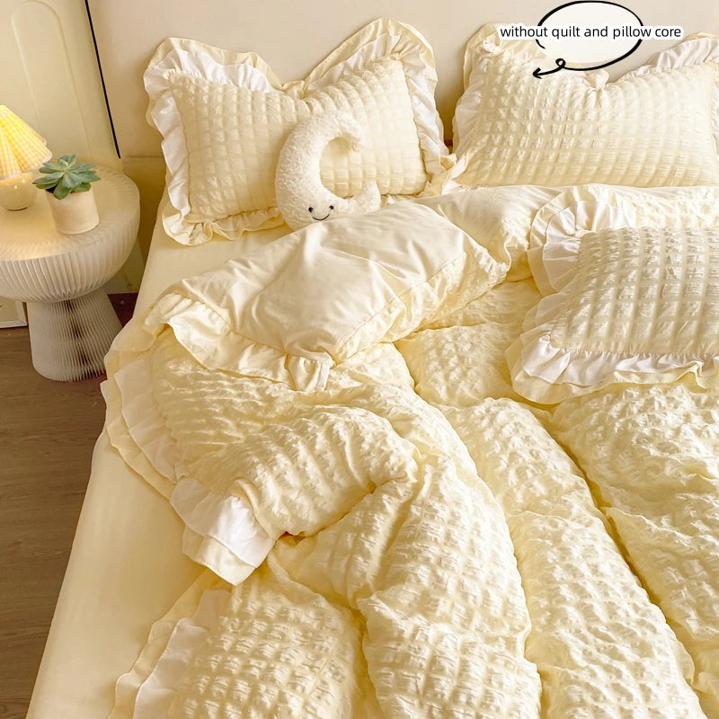 3pcs Korean lace Bedding set seersucker Duvet Cover Set (1*Duvet Cover + 2*Pillowcase, Without Core)for bedroom guest room