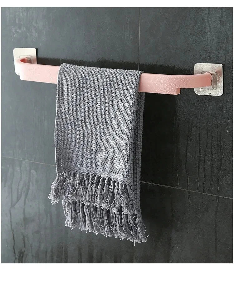 Adhesive Towel Rack for Bathroom Towel Bar Bath Shelf Wall Mounted Towel Hanger Toilet Suction Cup Holder Kitchen Organizer