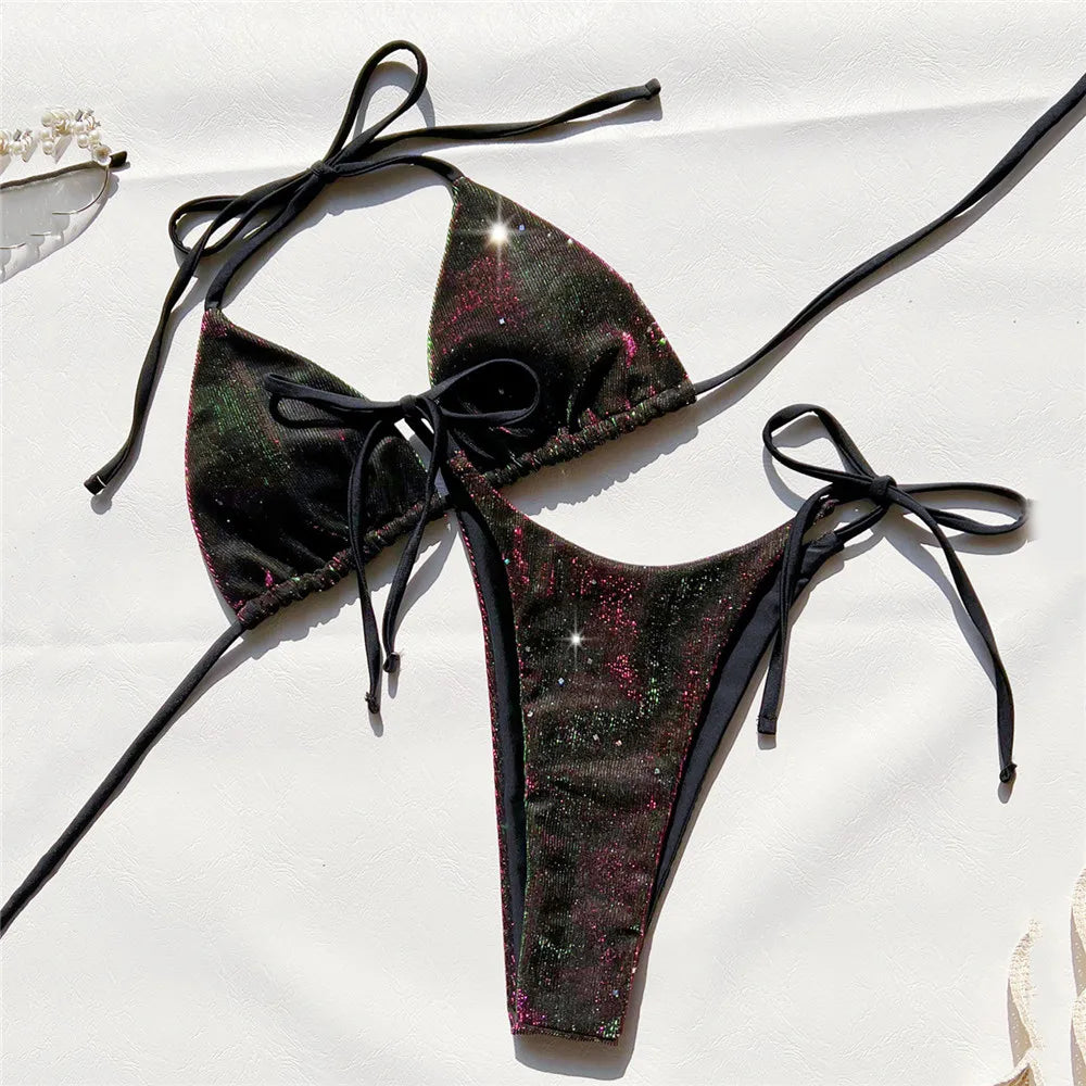 Shiny Purple String Halter Swimwear Triangle Bikinis Sets Swimsuit 2026 Women Micro Thong Lace-up Bathing Suit Sexy Bikini Mujer