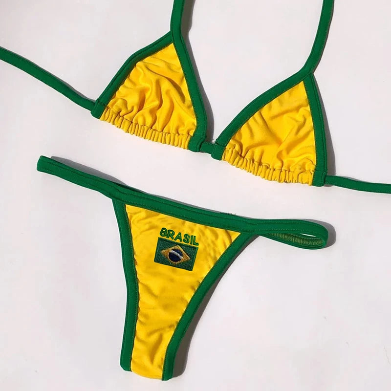 Y2K Summer New Beach Seaside New Bikini Unique Hottie Casual Suits Creative Letters Flag Pattern Swimsuit Sexy  Female Two-piece