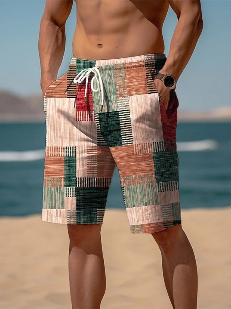 2024 Summer Hawaiian Beach Shorts Holiday Casual Colorful Plaid Print Sportswear Quick Drying Trunks Ice Shorts Hawaii Swimsuit