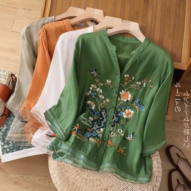 Luxury Embroidery Vintage Shirts Summer Women's Clothing Trends Tops Casual Cardigan Loose Short Coat Patchwork Buttons Blouses