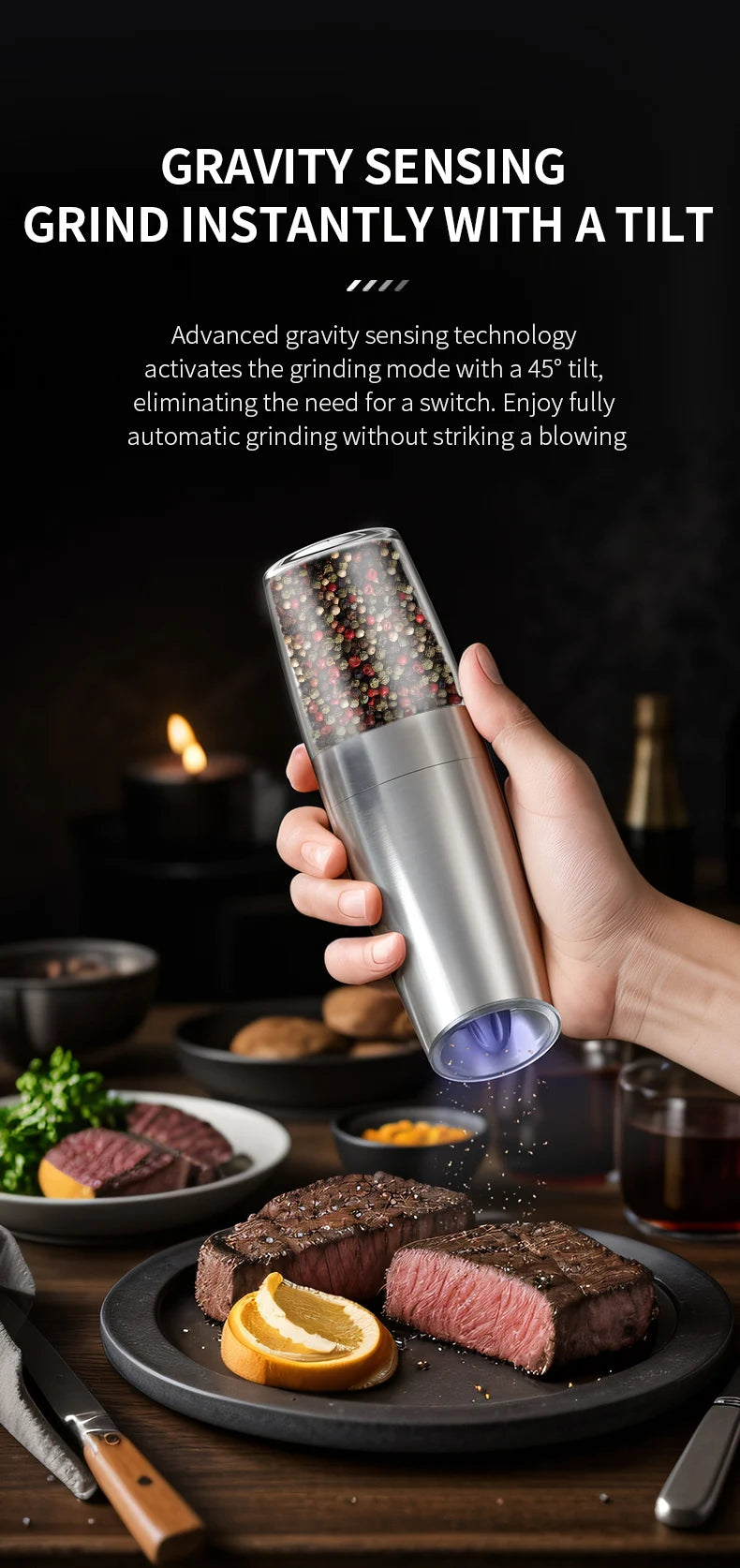 Electric Automatic Salt and Pepper Grinder Set Gravity-sensing Grindering Set Spice Mill Adjustable Spices Grinder Kitchen Tools