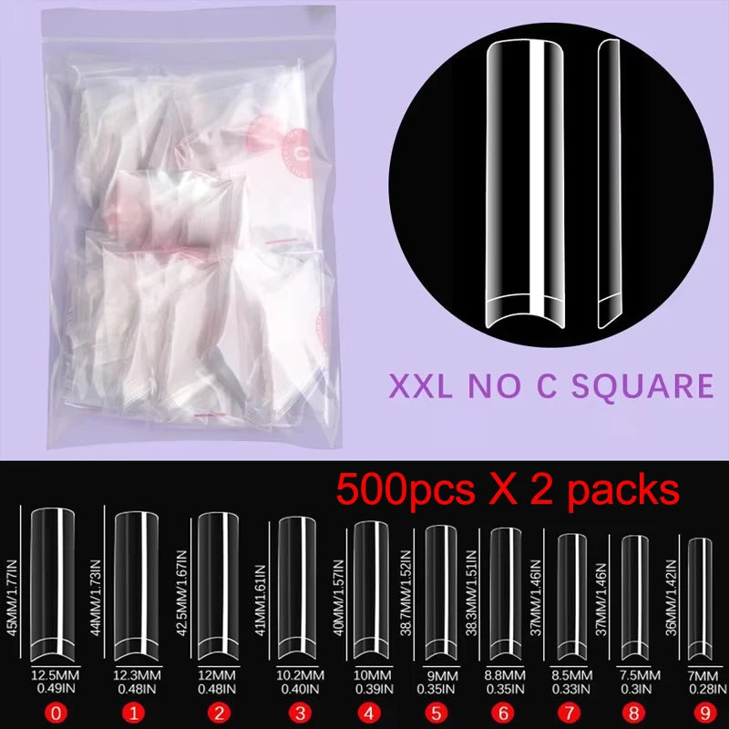 500Pcs XXL No C Curve Nail Tips for Acrylic Nails, Professional Set, Straight Tapered Square Clear Nail Tips Half Cover Long Fak