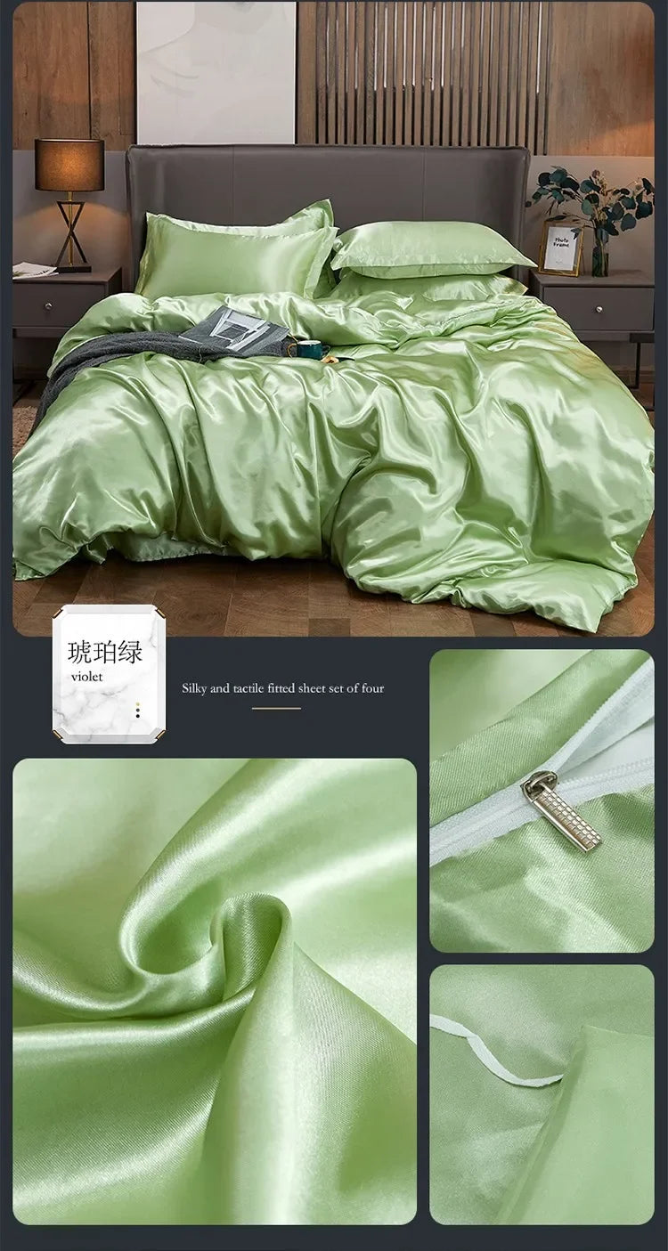 Solid Color Silk-like Bedding European and American Bed Sheet Quilt Cover Pillowcase