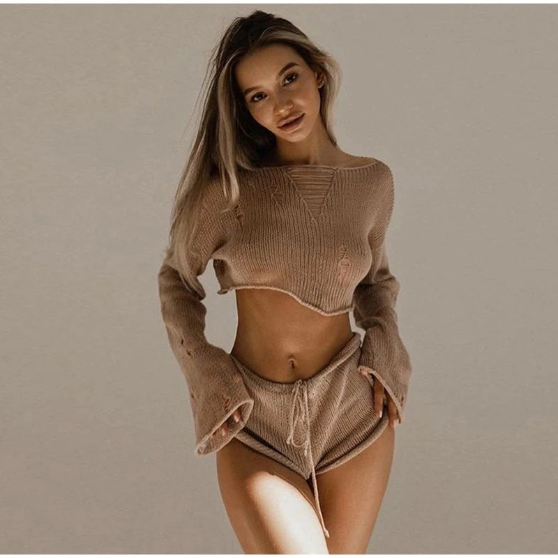 2023 Sexy Beach Crop Top Shorts Sets Women Knit Long Sleeve Lace Up Female Suit Summer Holiday See Through 2 Piece Set Womens