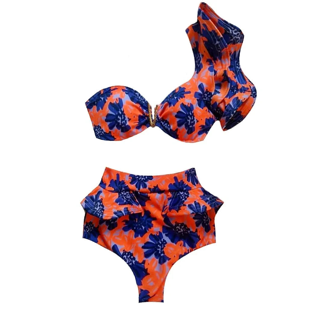 2026 Sexy Bikini Set Women High Waist Classic Off Solid Ruffle Sleeves Swimwear Red Separate Deep V Swimsuit Vintage Beach Set