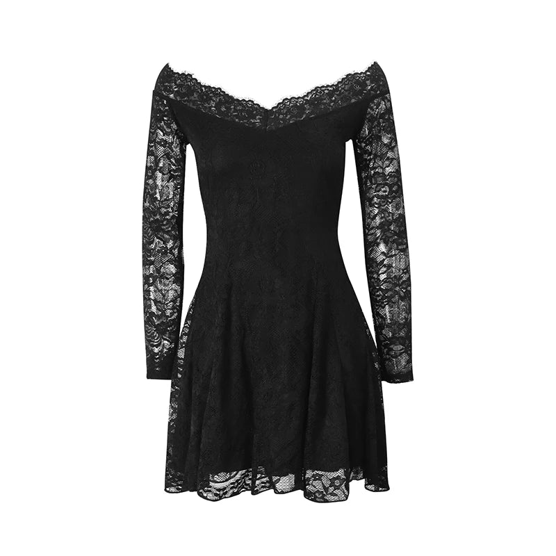 Summer Women Dress French Style One Shoulder Lace Dress Sexy Short Black Date Night Gown High Waist Long Sleeve Dresses Clothing