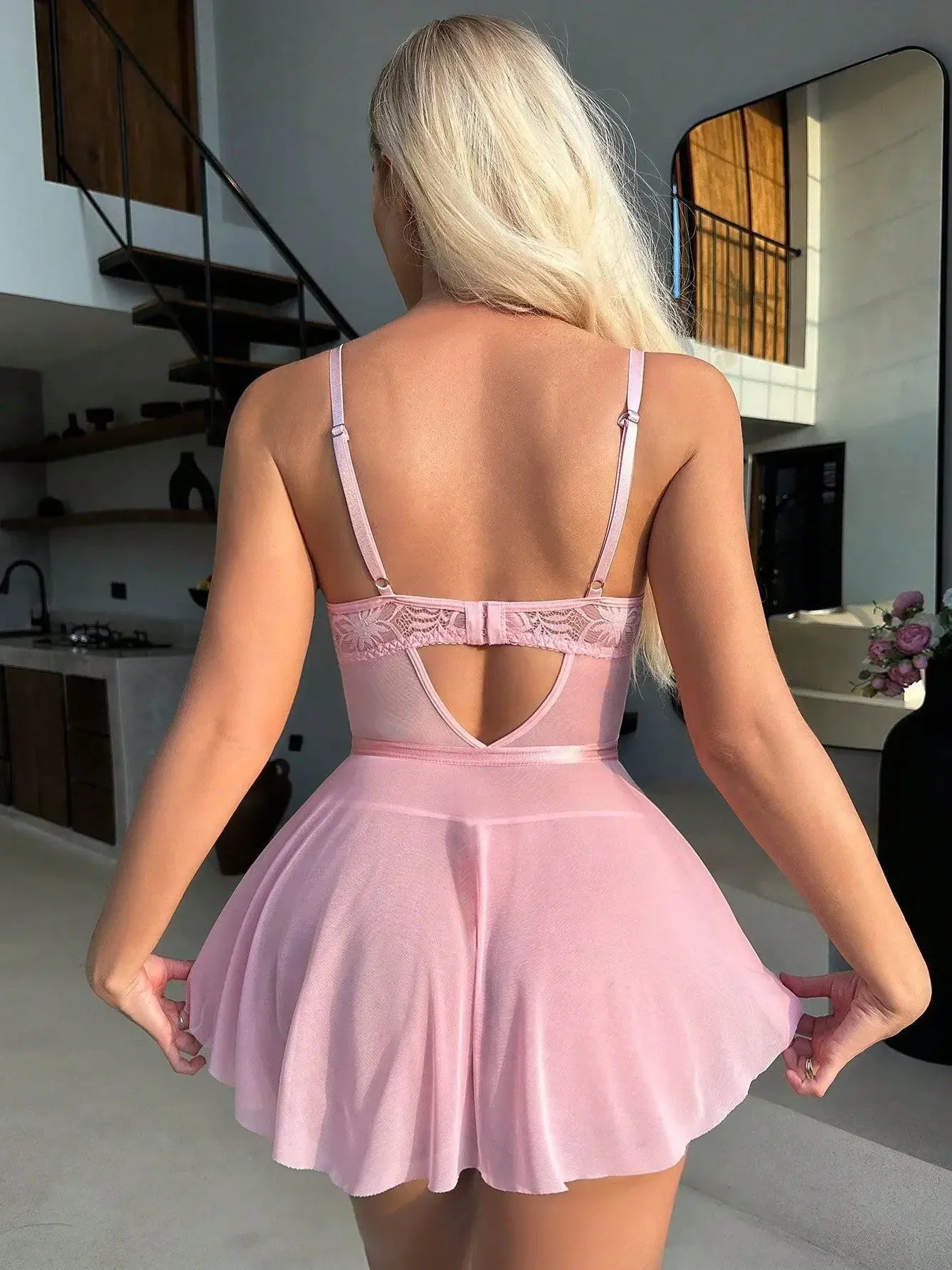 Pink Mesh Lace Nightdress Women Sexy Lingerie Perspective V-neck Embroidery Mini Dress Porno Erotic Clothes Lenceria Femenina