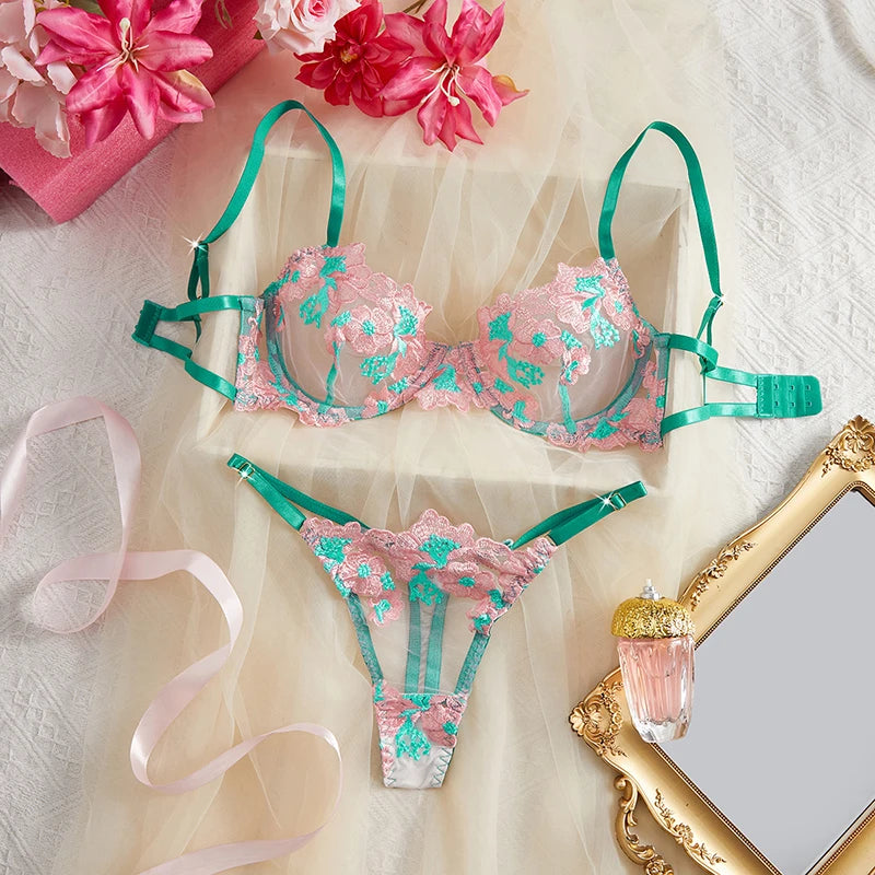 Sexy Lingerie for Women Floral Embroidery Lingerie Set Romantic Mesh Underwear Transparent Three-point Bra Set Intimate Lingerie