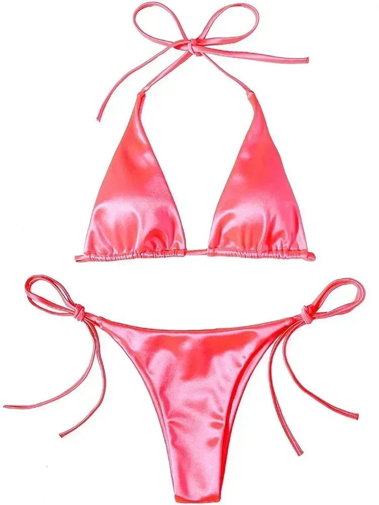 Wrap Around Halter Metallic Satin Bikini Women Swimwear Female Swimsuit Two-pieces Bikini Set Brazilian Bathing Suit Swim Lady