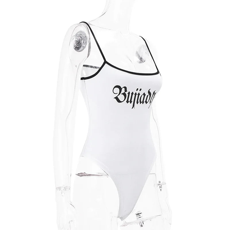 White One-Pieces Bodysuit Letter Print Lenceria Bodys Sexy Mujer Lingerie Tops Women Spaghetti Strap Body Feminino Square Collar