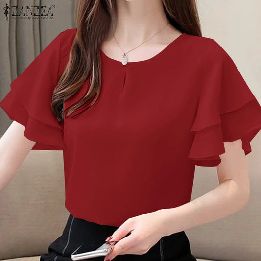 2026 ZANZEA Summer Elegant Short Sleeve Office Blouse Women Shirt Casual Solid OL Work Tops Fashion O Neck Holiday Tunic Mujer
