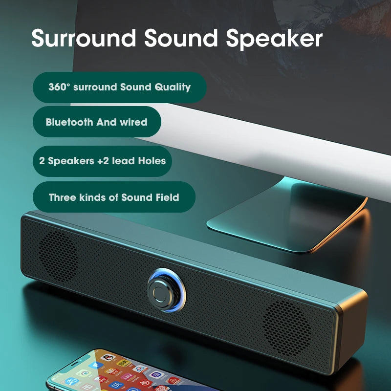 HOMEFISH  BT5.0 Soundbar Speaker Wired Wireless Dual Mode 9D Surround Stereo Bass Anti-Interference for PC TV Phone Gaming