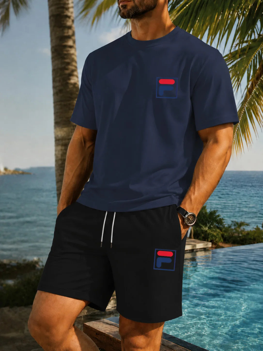 Men's Printed Two-piece Set, Casual Short Sleeved T-shirt and Drawstring Shorts Set, Men's Summer Breathable Street Sportswear