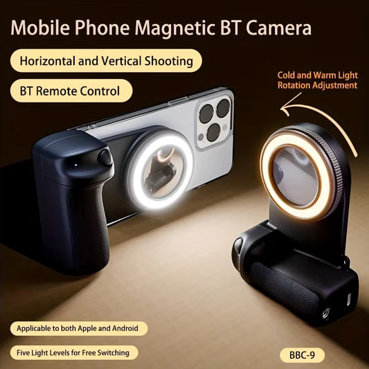 MagSafe Smartphone Handle Grip with Detachable Bluetooth Remote with Fill Light Anti-shake Selfie Handle for Iphone Android
