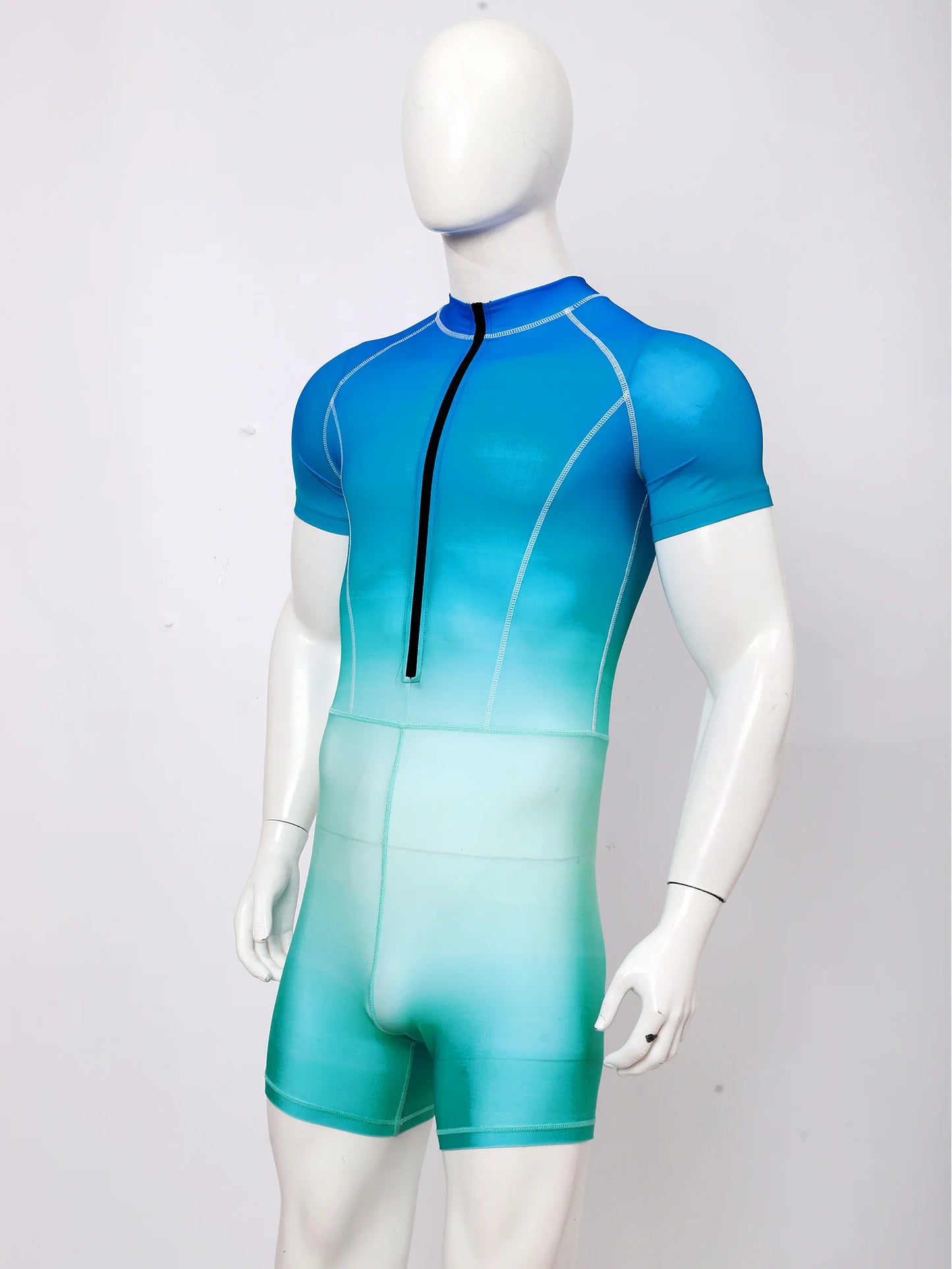 Men Gradient Bodysuit Rash Guard Swimwear Wetsuit Short Sleeve Zipper Bathing Suit Surfing Beach Pool Water Sports Wimsuit