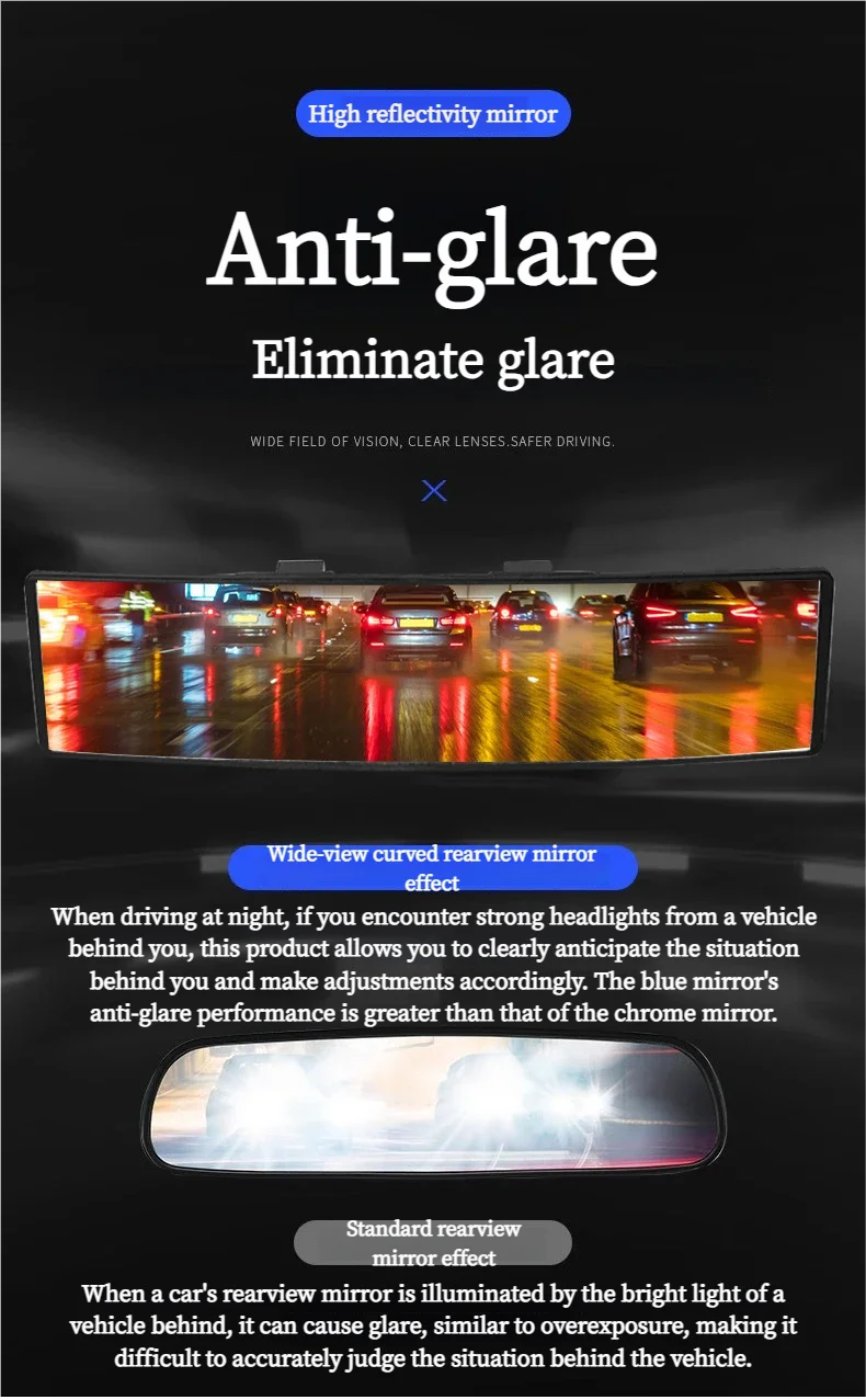 Universal Anti-Glare Wide-Angle Convex Rearview Mirror Car Interior Easy Clip-On 285mm HD Panoramic Anti-Fog Safety Accessory