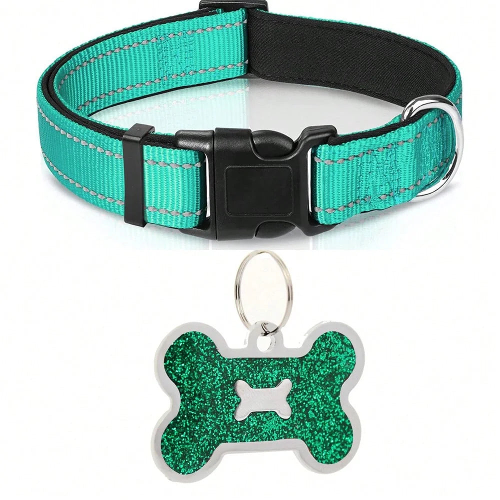 Dog Collar Nylon Soft Padded Adjustable Breathable Durable Comfortable Reflective Pet Collar for Small Medium Large Dog Bone Tag