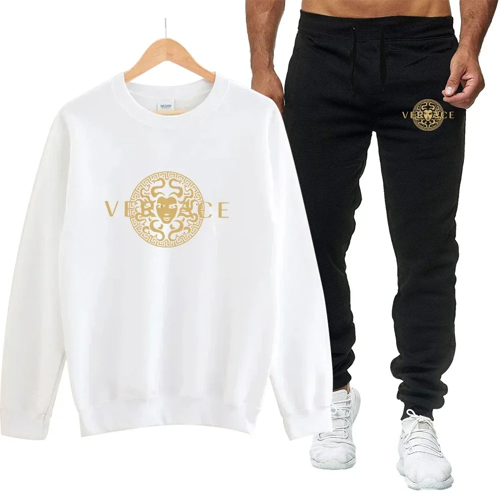 Men's autumn round neck sweatshirt set, luxurious printed simple casual sports set