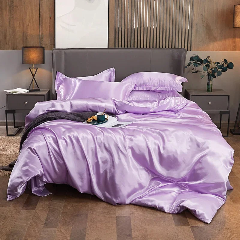 Solid Color Silk-like Bedding European and American Bed Sheet Quilt Cover Pillowcase