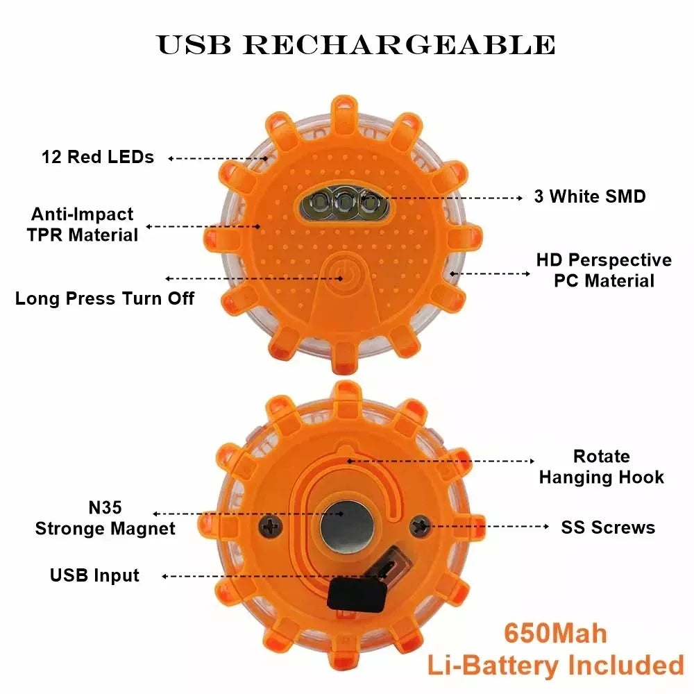 USB Rechargeable Warning Light LED Road Flares Emergency Lights Roadside Safety Beacon Disc Flashing Magnetic Beacon