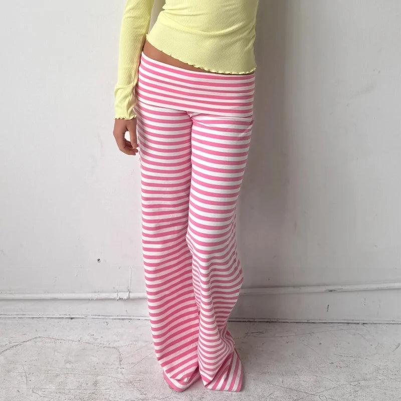 Womens Casual Pajama Pants Striped Low Waisted Lounge Pants Elastic Waist Drawstring Long Trousers