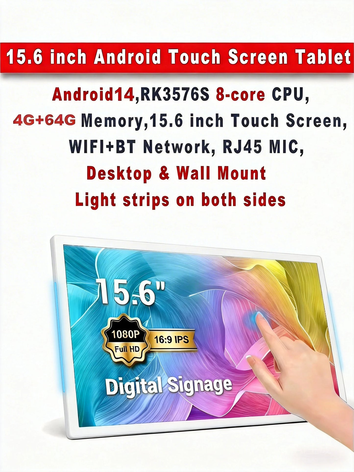 Smart Home Tablet Wall Mount with Double-Sided Lights 15.6 Inch FHD Touch Screen Android 14 8-Core 4G 32G POE for Home Automati
