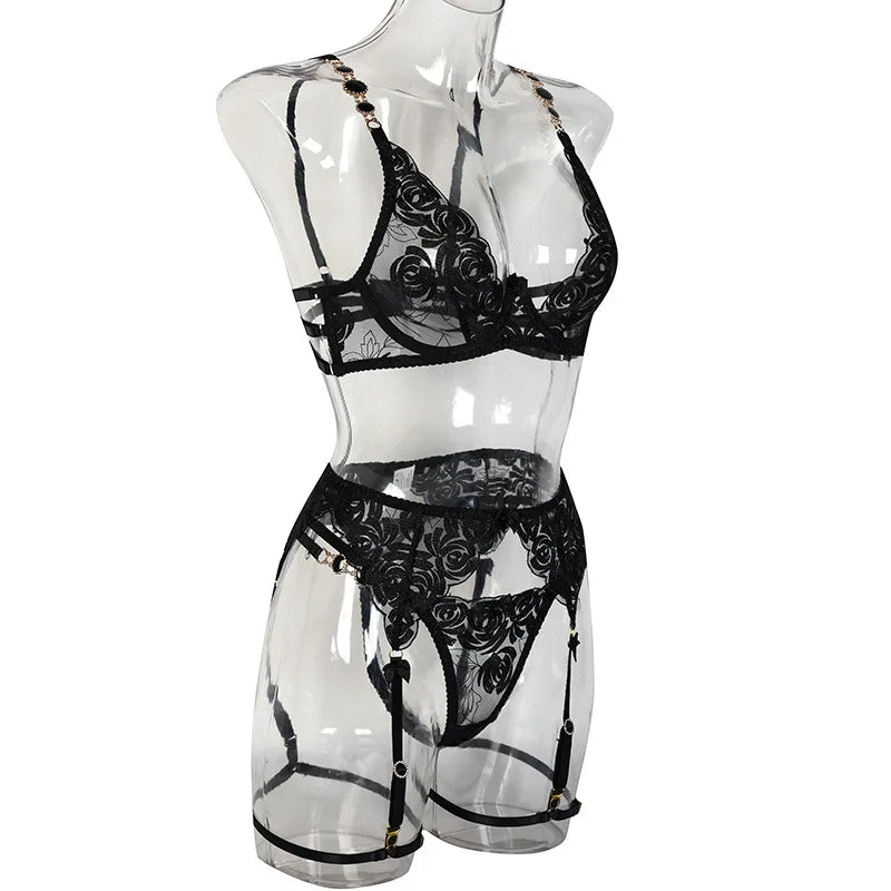 Sexy Lace Exotic Set Hollow Out Women's Underwear Erotic Cut-out Sexy Lingerie Bra Panty And Garters Lingerie Set Lenceria Mujer