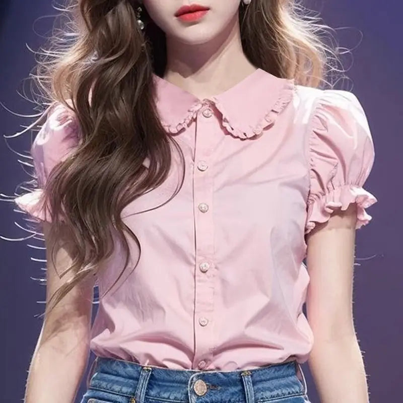 Women Elegant Shirts 2024 VONDA Fashion Summer Short Sleeve Tops Casual Solid Color Shirts Loose Lapel Neck Tunic Blusas Baggy
