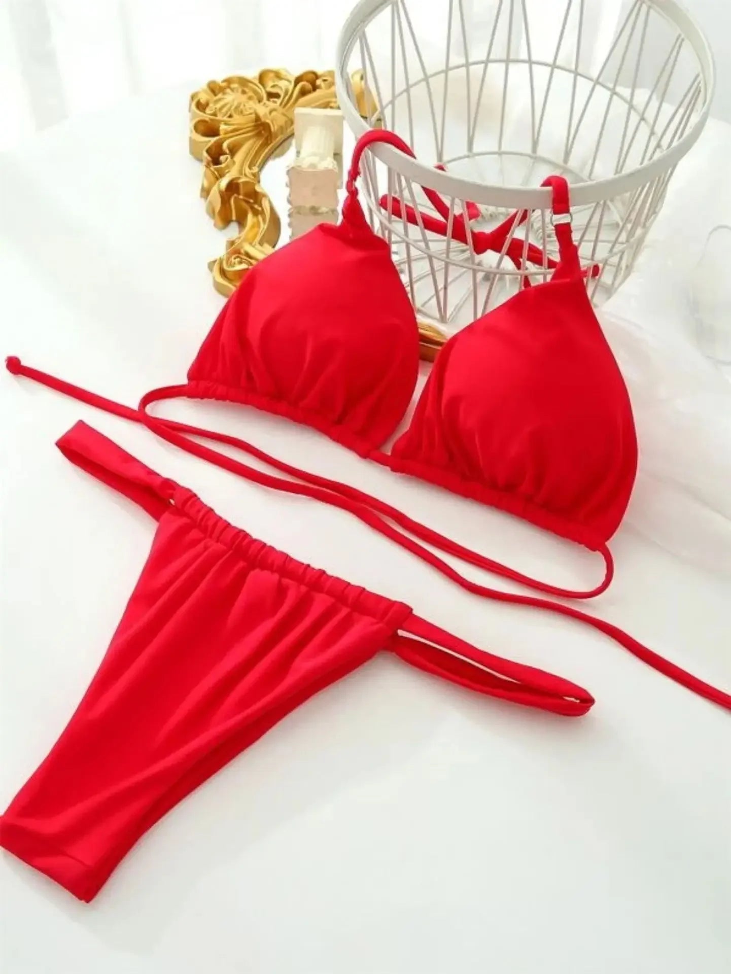 2025 Yearly Bikini Swimsuit Women's Separate Strap Pure Color Fabric Chest Pad Gathered Casual Beachwear Swimwear Set