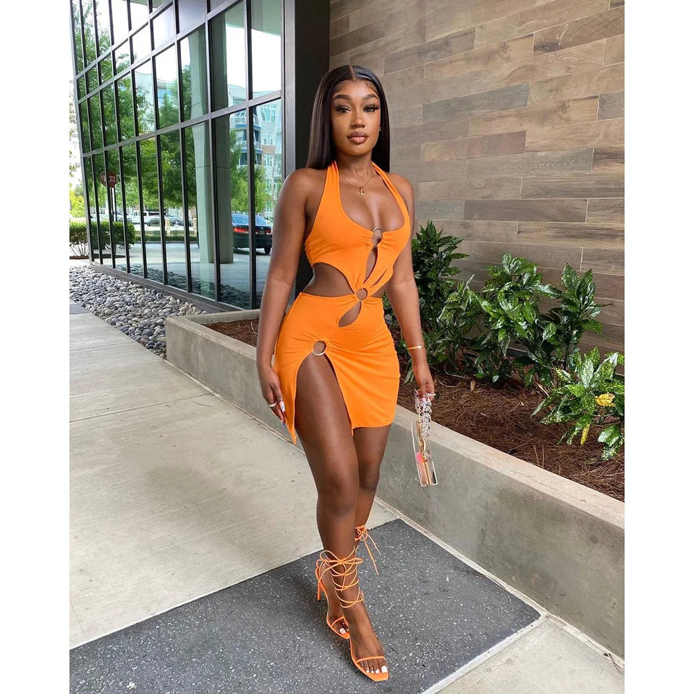 Summer Dresses Woman 2022 High Street Stretch Slim Hollow Sexy Mini Bodycon Dress Elegant Orange Sleeveless Club Party Sundress