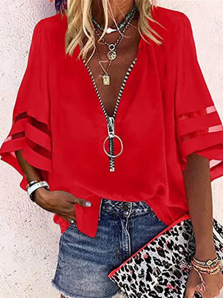 Summer Shirt Elegant Women Lace Patchwork Flared Sleeve Mesh White Blouse Women Zipper V-Neck Loose Casual Tops Streetwear Femal