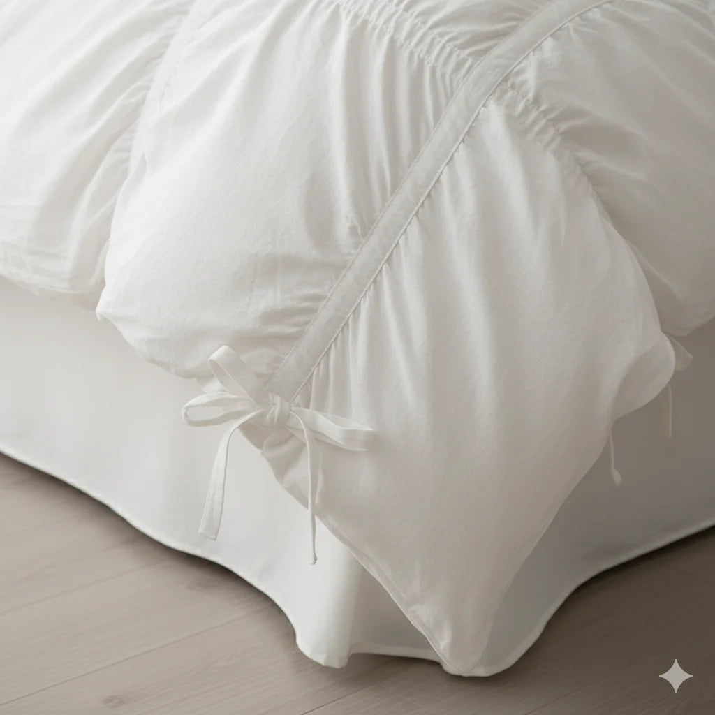 100% Cotton Washed Ruffle Bedding Set White Duvet Cover Set Queen King Size With Bow Ties Ultra Soft Breathable 4Pcs Bedclothes