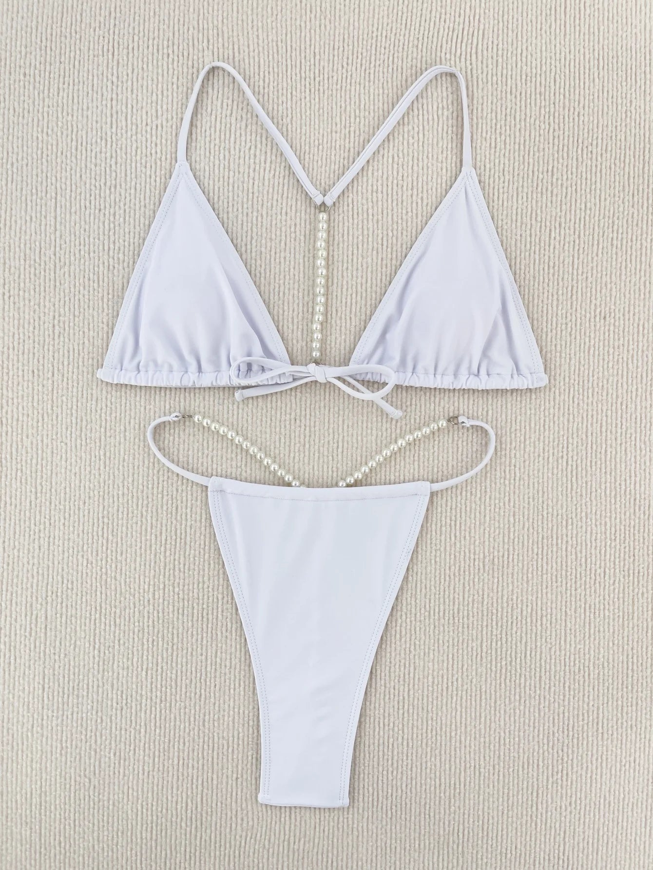 Sexy Pearls Thong Bikini Set Women Black White Front Bow Push Up Backless Micro Swimsuit 2026 Bathing Suit Cut Out Swimwear