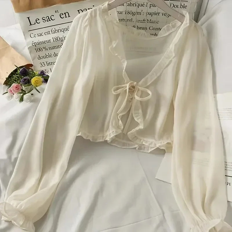 Summer Ruffled Shawl Solid Color Chiffon Women's Long Sleeve Thin Y2K Coat Cape Bolero Summer Wear Cloak Shrug  For Vacation