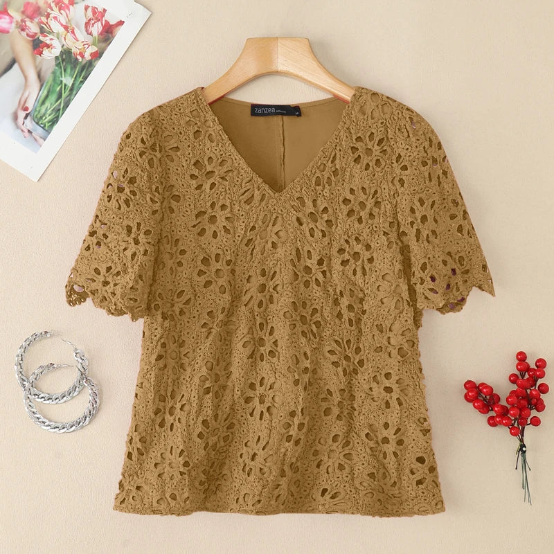ZANZEA Summer Embroidered Openwork Blouses Women V-Neck Short Sleeve Hollow Out Lace Blusas Mujer Casual Fashion Solid Chemises