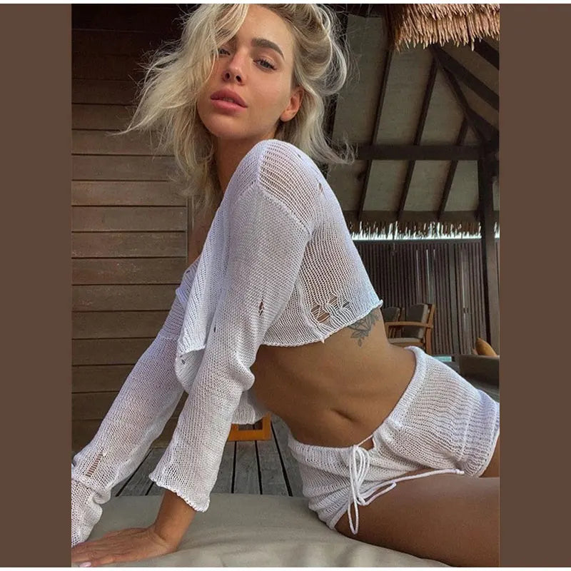 2023 Sexy Beach Crop Top Shorts Sets Women Knit Long Sleeve Lace Up Female Suit Summer Holiday See Through 2 Piece Set Womens