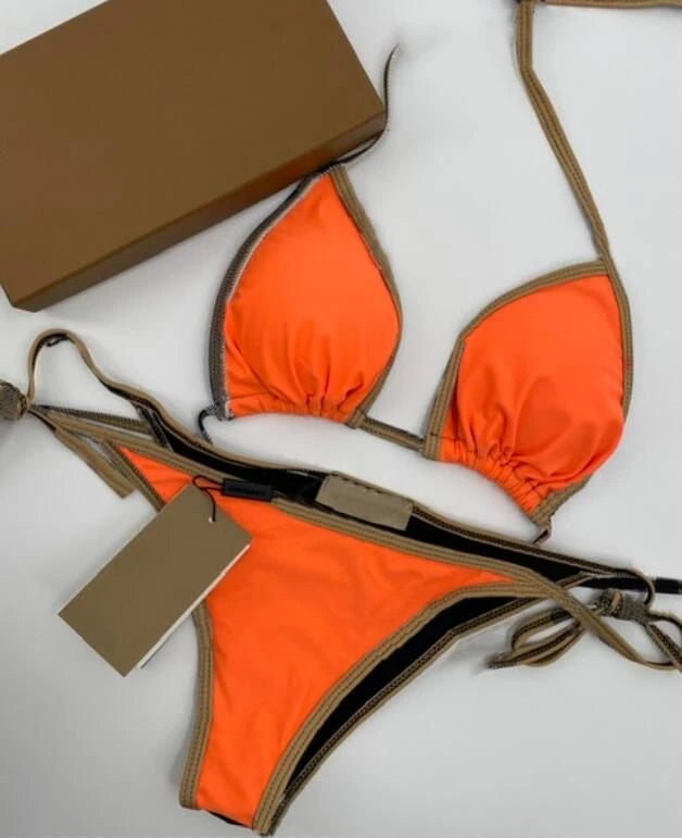 2025 New Women's Color Blocked Printed Strap Split Bikini Hot Spring Vacation Sexy Swimsuit