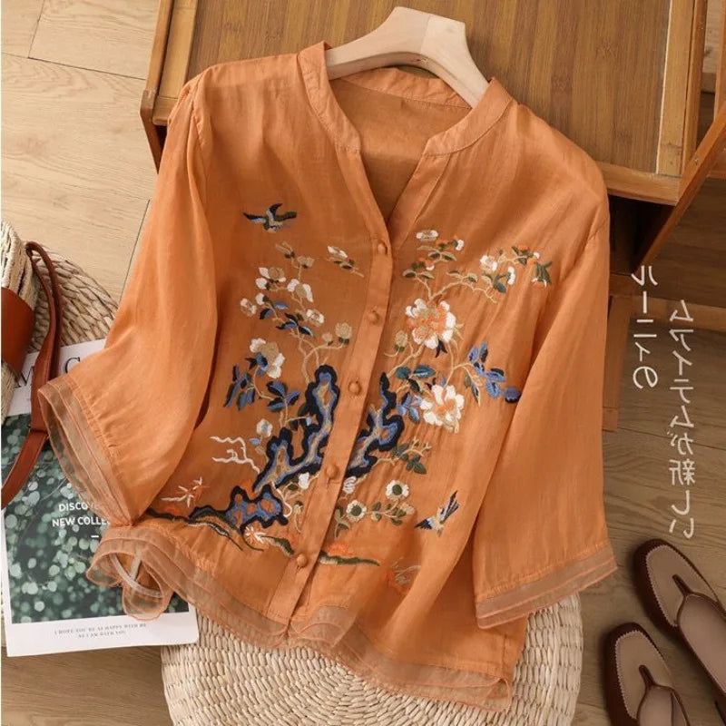 Luxury Embroidery Vintage Shirts Summer Women's Clothing Trends Tops Casual Cardigan Loose Short Coat Patchwork Buttons Blouses