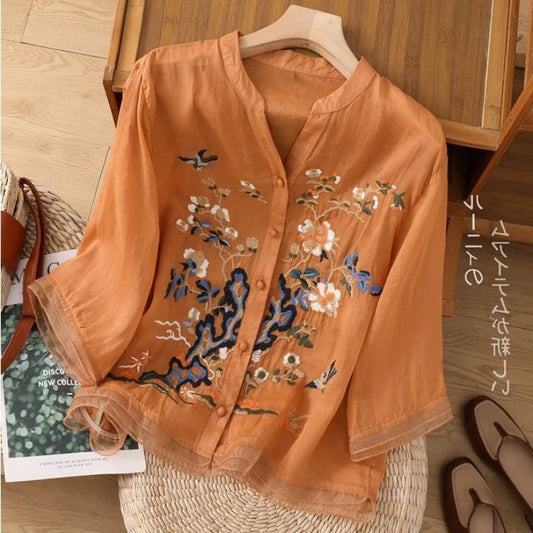 Luxury Embroidery Vintage Shirts Summer Women's Clothing Trends Tops Casual Cardigan Loose Short Coat Patchwork Buttons Blouses