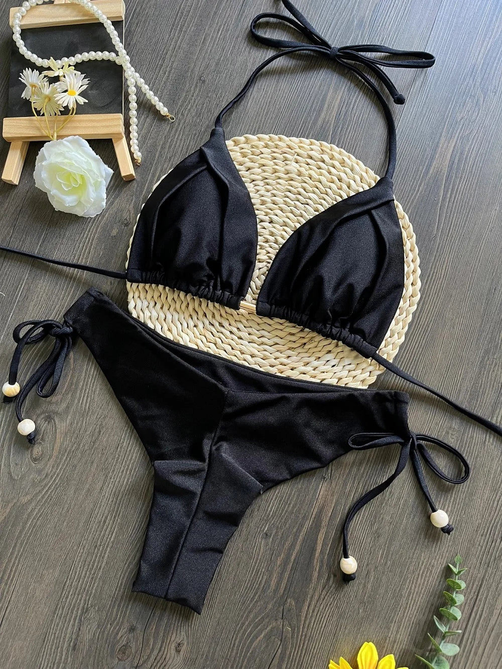 Solid color bikini set 2026 women's new swimsuit 2-piece set bead neck hanging bikinis summer beach Swimwear