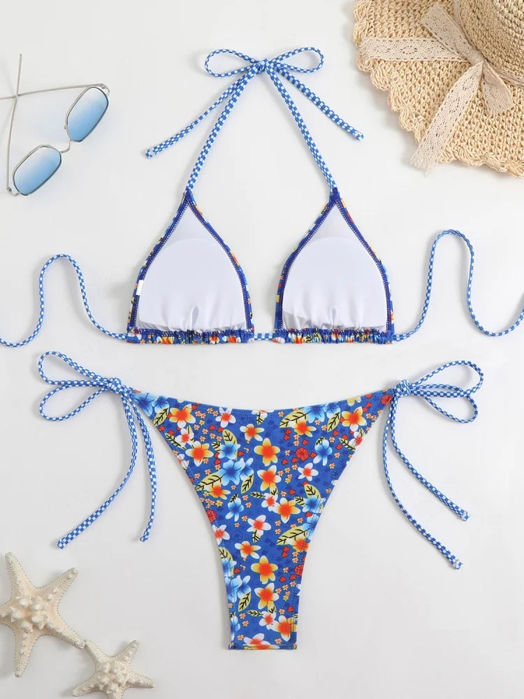 Bikini Women Swimsuit 2026 New Print Halter Bikinis Set Sexy Thong Swimwear Summer Two Piece Backless Beach Bathing Suit Female