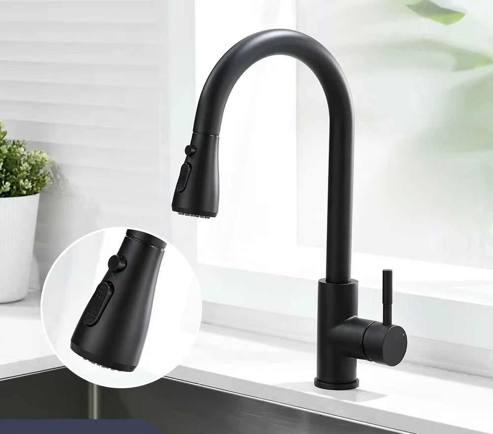 Old Style Pull-out Rotating Kitchen Faucet, 360° Swivel Stainless Steel Water Faucet in Brushed/Black Finish for Sink