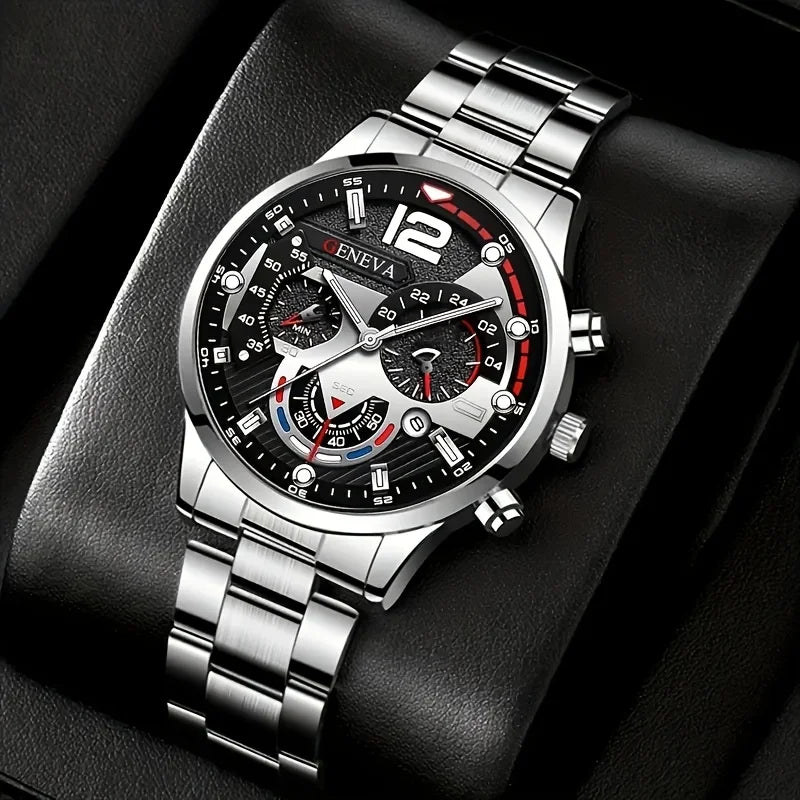4-piece men's fashion watch set, quartz sport, round zinc alloy case quartz watch