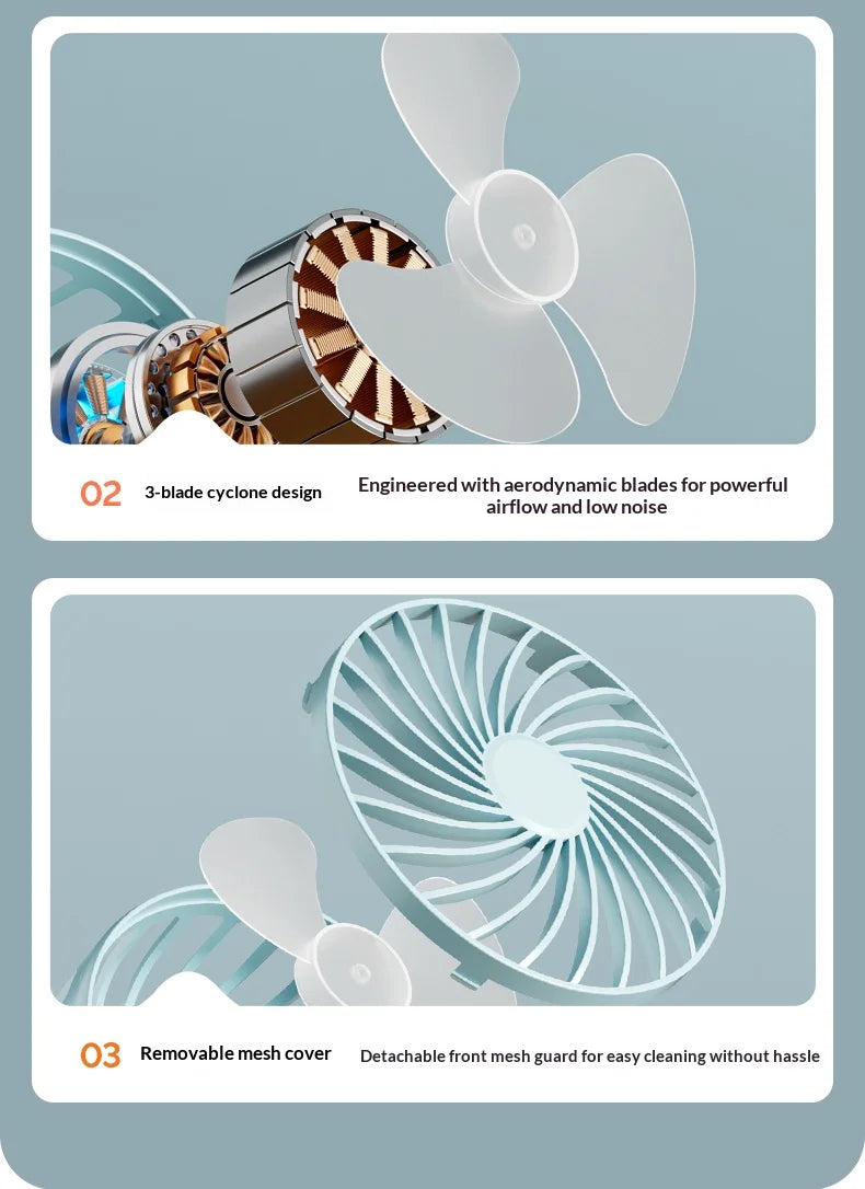 Portable Rechargeable Clip Fan 720° Rotatable Hanging Fan with Night Light Air Cooler for Outdoor Camping Ventilador