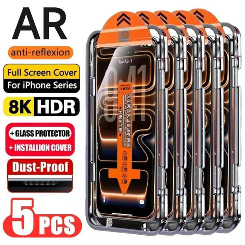 5PCS Easy Install HD Screen Protector For iPhone 17 16 13 Pro Max 11 15 14 16e 12 Mini XR X Xs 7 8 Plus Air Tempered Glass