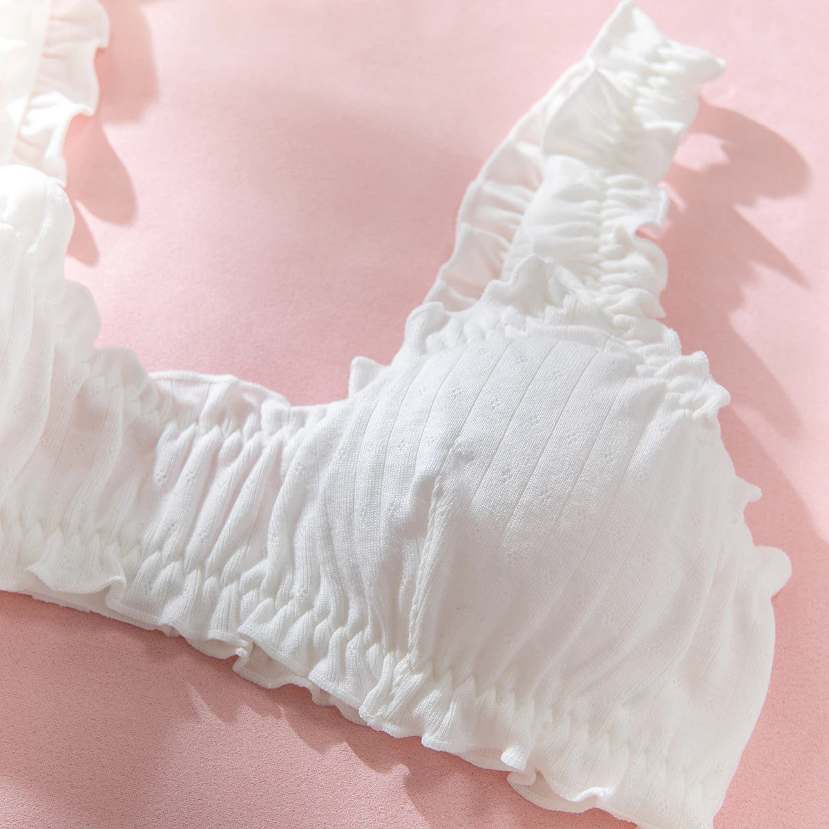 Sexy Women  Ruffle Edge Lingerie Set Breathable Hollow Eyelet Texture Bralette & High‑Cut Thong Soft Cotton Daily Intimate Wear