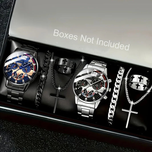 8-piece men's quartz watch set, featuring a black circular dial, bracelet, necklace, and ring