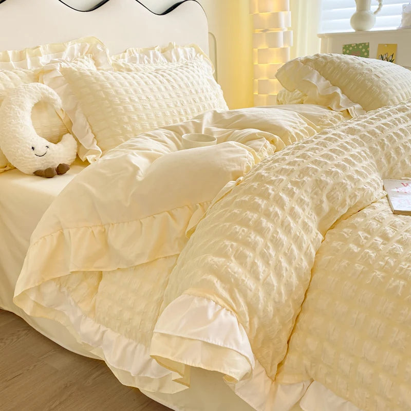 3pcs Korean lace Bedding set seersucker Duvet Cover Set (1*Duvet Cover + 2*Pillowcase, Without Core)for bedroom guest room